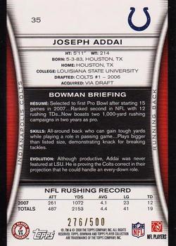 2008 Bowman - Blue #35 Joseph Addai  Back