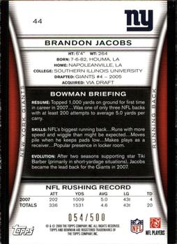 2008 Bowman - Blue #44 Brandon Jacobs  Back