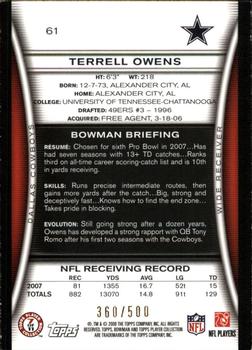 2008 Bowman - Blue #61 Terrell Owens  Back