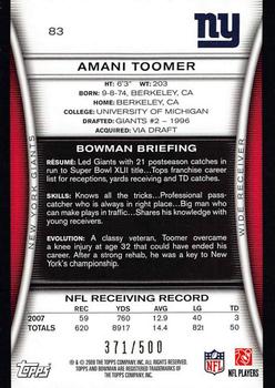 2008 Bowman - Blue #83 Amani Toomer  Back