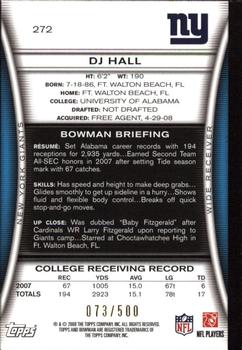 2008 Bowman - Blue #272 DJ Hall  Back
