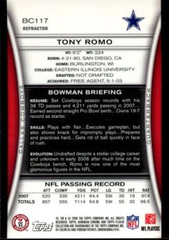 2008 Bowman Chrome - Refractors #BC117 Tony Romo Back