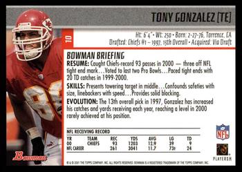 2001 Bowman #10 Tony Gonzalez Back
