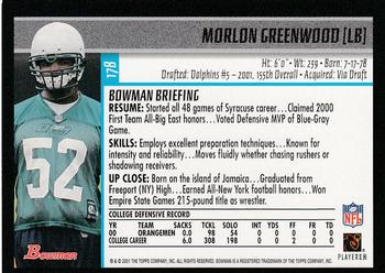 2001 Bowman #178 Morlon Greenwood Back