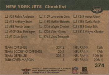 2001 Fleer Tradition Glossy #374 New York Jets Team Leaders Back
