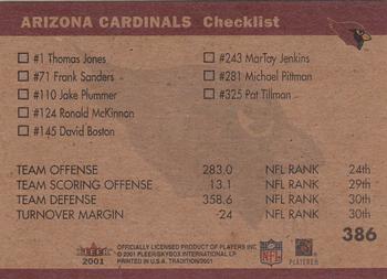 2001 Fleer Tradition Glossy #386 Arizona Cardinals Team Leaders Back