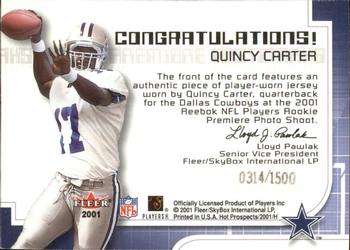 2001 Fleer Hot Prospects - Rookie Premiere Postmarks #NNO Quincy Carter Back