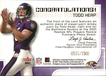 2001 Fleer Hot Prospects - Rookie Premiere Postmarks #NNO Todd Heap Back