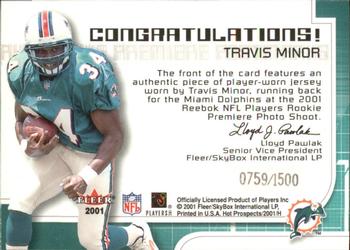 2001 Fleer Hot Prospects - Rookie Premiere Postmarks #NNO Travis Minor Back
