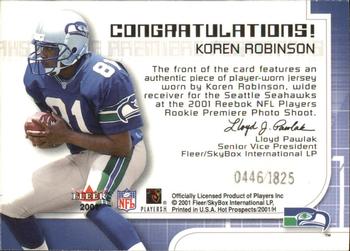 2001 Fleer Hot Prospects - Rookie Premiere Postmarks #NNO Koren Robinson Back
