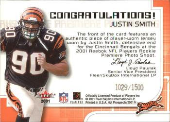 2001 Fleer Hot Prospects - Rookie Premiere Postmarks #NNO Justin Smith Back