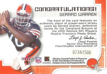 2001 Fleer Hot Prospects - Rookie Premiere Postmarks #NNO Gerard Warren Back