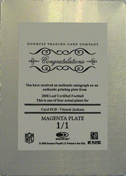 2008 Leaf Certified Materials - Printing Plates Magenta #118 Vincent Jackson Back