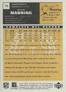2001 Upper Deck Vintage #70 Peyton Manning Back