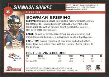 2002 Bowman #20 Shannon Sharpe Back