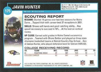 2002 Bowman #175 Javin Hunter Back