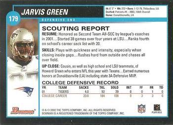 2002 Bowman #179 Jarvis Green Back