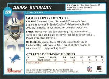 2002 Bowman #220 Andre' Goodman Back