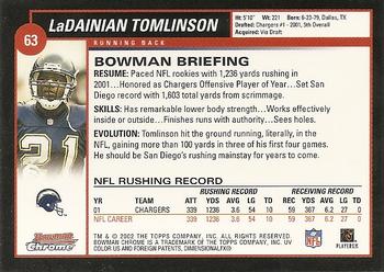 2002 Bowman Chrome #63 LaDainian Tomlinson Back