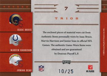 2008 Playoff National Treasures - All Pros Material Trios #7 Isaac Bruce / Marvin Harrison / Junior Seau Back