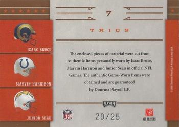 2008 Playoff National Treasures - All Pros Material Trios NFL Prime #7 Isaac Bruce / Marvin Harrison / Junior Seau Back