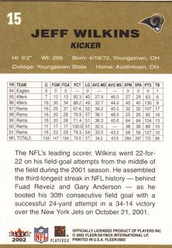 2002 Fleer #15 Jeff Wilkins Back