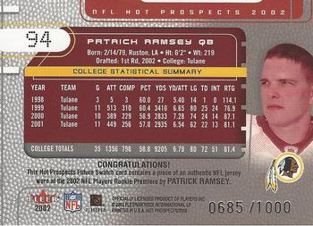 2002 Fleer Hot Prospects #94 Patrick Ramsey Back