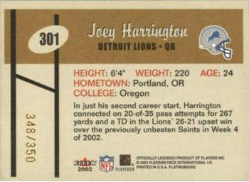 2002 Fleer Platinum #301 Joey Harrington Back