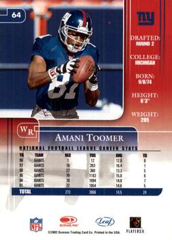 2002 Leaf Rookies & Stars #64 Amani Toomer Back