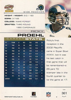 2002 Pacific #361 Ricky Proehl Back