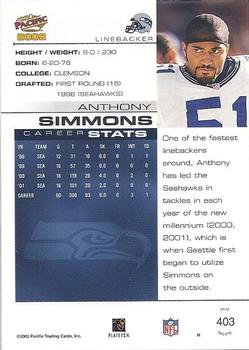 2002 Pacific #403 Anthony Simmons Back