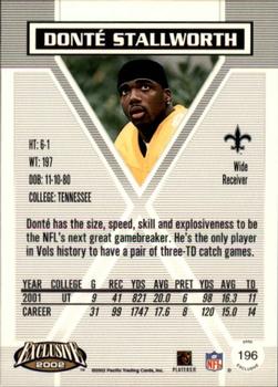 2002 Pacific Exclusive #196 Donte Stallworth Back