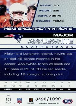2002 Pacific Heads Up #153 Major Applewhite Back