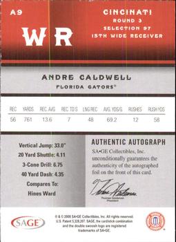 2008 SAGE - Autographs Gold #A9 Andre Caldwell Back