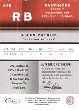 2008 SAGE - Autographs Red #A45 Allen Patrick Back