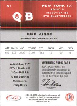 2008 SAGE - Autographs Silver #A1 Erik Ainge Back