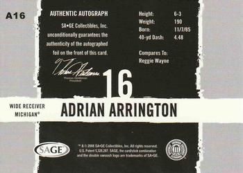 2008 SAGE HIT - Autographs #A16 Adrian Arrington Back