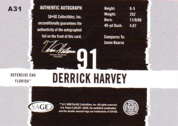 2008 SAGE HIT - Autographs #A31 Derrick Harvey Back