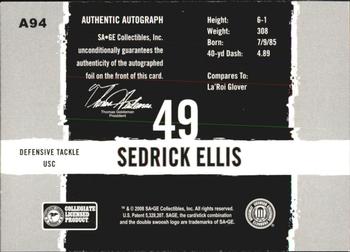 2008 SAGE HIT - Autographs #A94 Sedrick Ellis Back