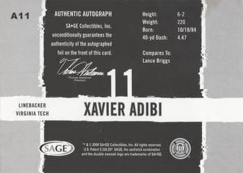 2008 SAGE HIT - Autographs Silver #A11 Xavier Adibi Back