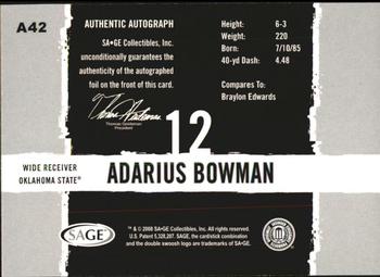 2008 SAGE HIT - Autographs Silver #A42 Adarius Bowman Back