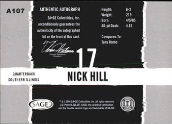 2008 SAGE HIT - Autographs Silver #A107 Nick Hill Back