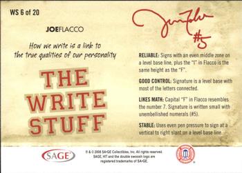 2008 SAGE HIT - Write Stuff #WS6 Joe Flacco Back