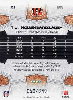 2008 Score - Scorecard #61 T.J. Houshmandzadeh Back
