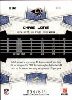 2008 Score - Scorecard #332 Chris Long Back