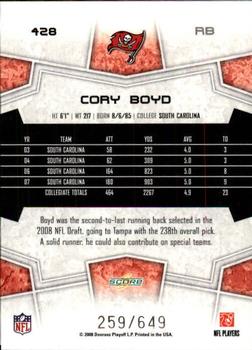2008 Score - Scorecard #428 Cory Boyd Back