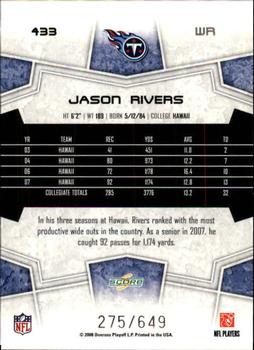 2008 Score - Scorecard #433 Jason Rivers Back