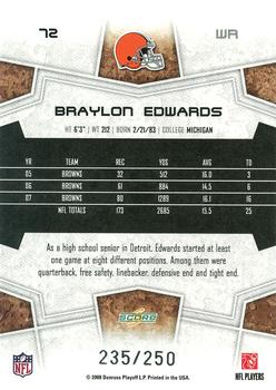 2008 Score - Super Bowl XLIII Light Blue Glossy #72 Braylon Edwards Back