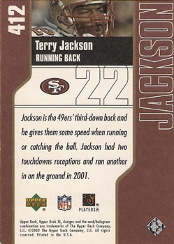 2002 Upper Deck XL #412 Terry Jackson Back