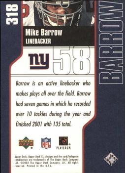 2002 Upper Deck XL #318 Mike Barrow Back
